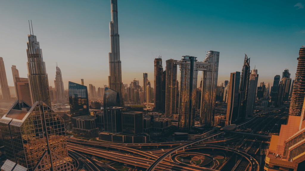 Golden color skyline in UAE with many skyscrapers