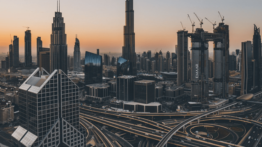Fast building UAE city with highways and perfect sunset